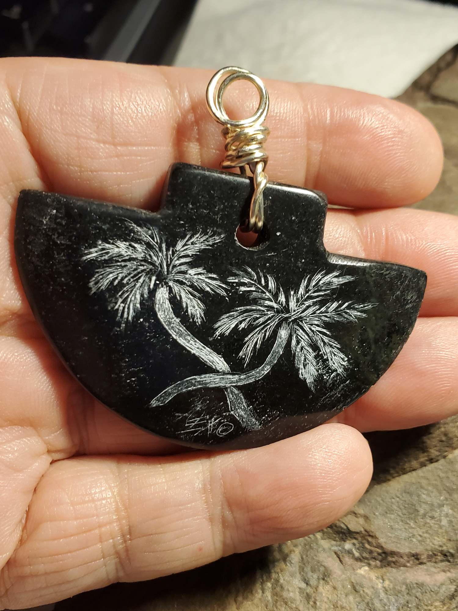 Twin Palms Obsidian Intaglio Pendant