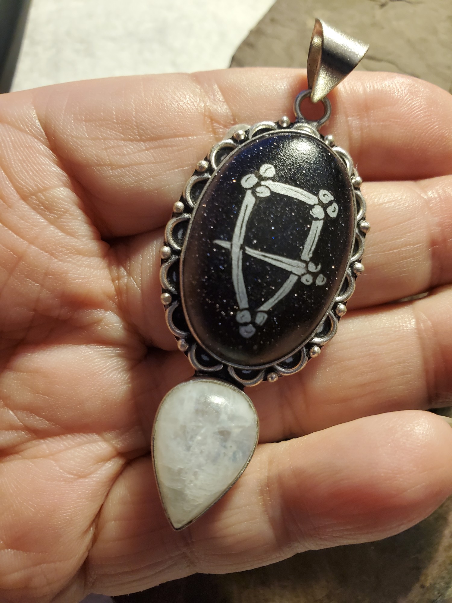 Silver Brooch East Kingdom, Moonstone and Dark Sky Sandstone in Sterling Silver