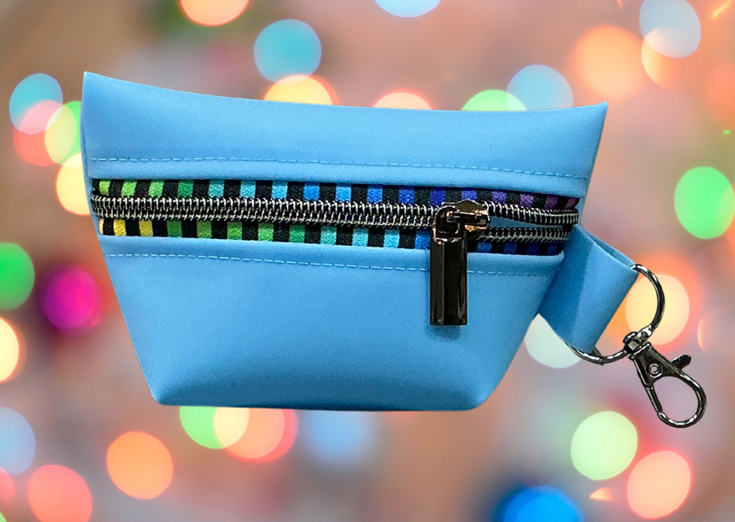 Small Bue Jelly Vinyl Zipper Pouch | Waterproof Mini Bag with Rainbow Stripe Zipper | Fun Leash Accessory or Coin Purse