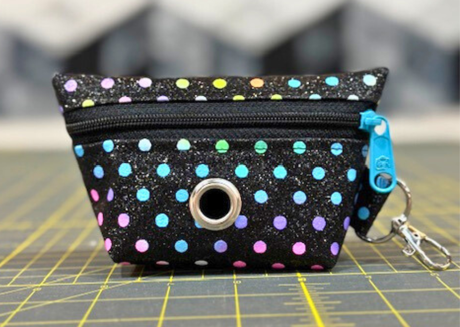 Glitter Black Dog Poop Bag Holder – Pastel Rainbow Polka Dot Waste Bag Dispenser, Handmade Vinyl Leash Pouch