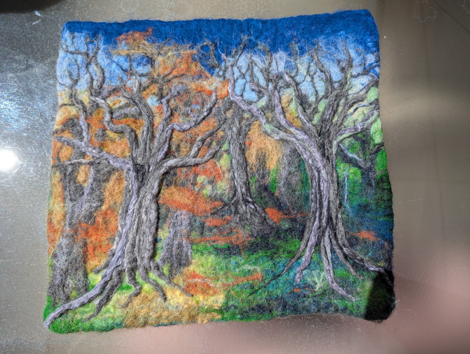 Autumn woods and Snowy Owl Two sided Felted wool Hot pad trivet