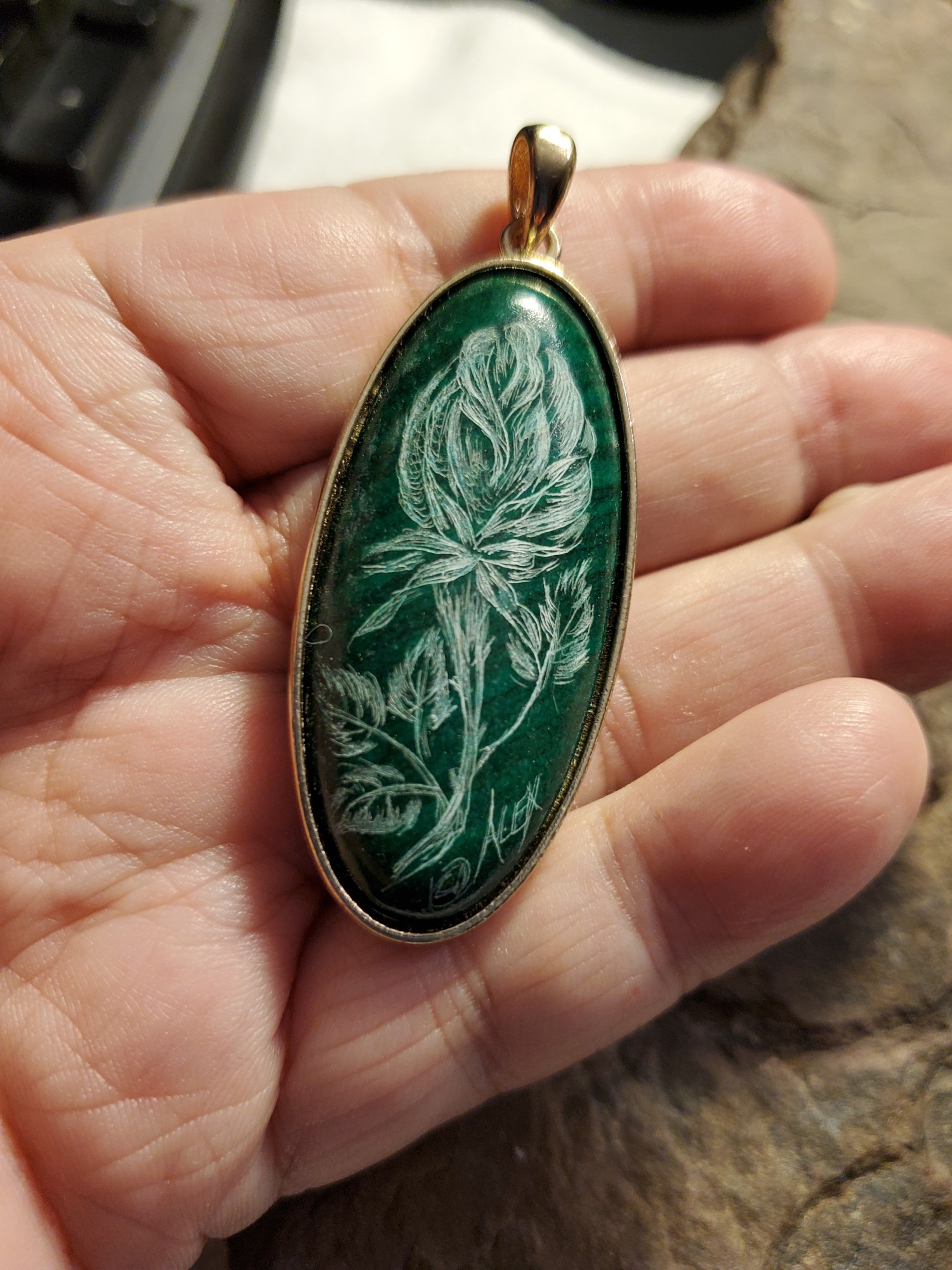 Garden Rose Intaglio Malachite Pendant