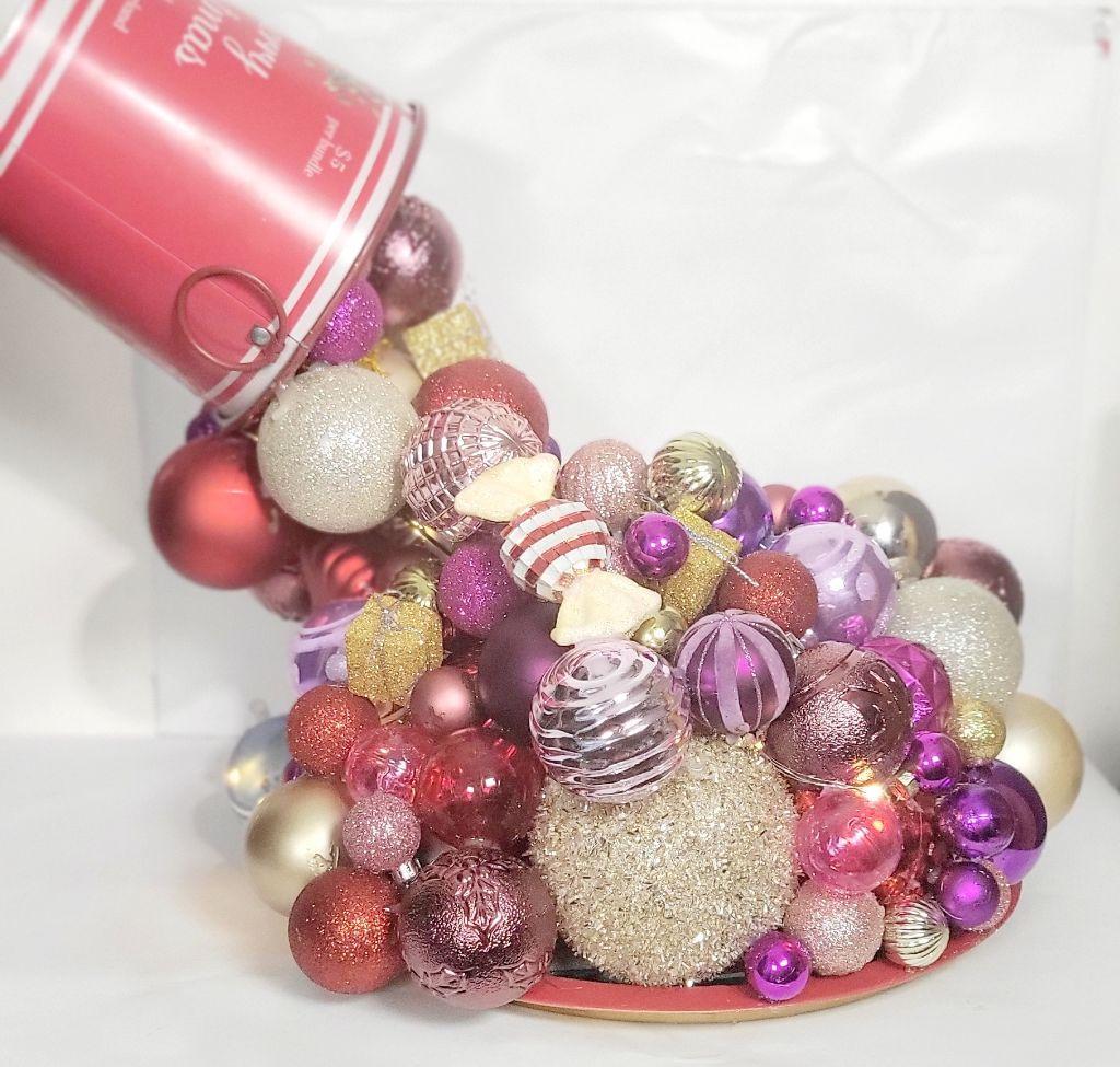 Magical Floating Bucket Christmas Ornament Display / Pink, Red & Gold Baubles