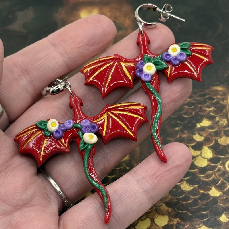 Handmade Polymer Red Dragon Earrings