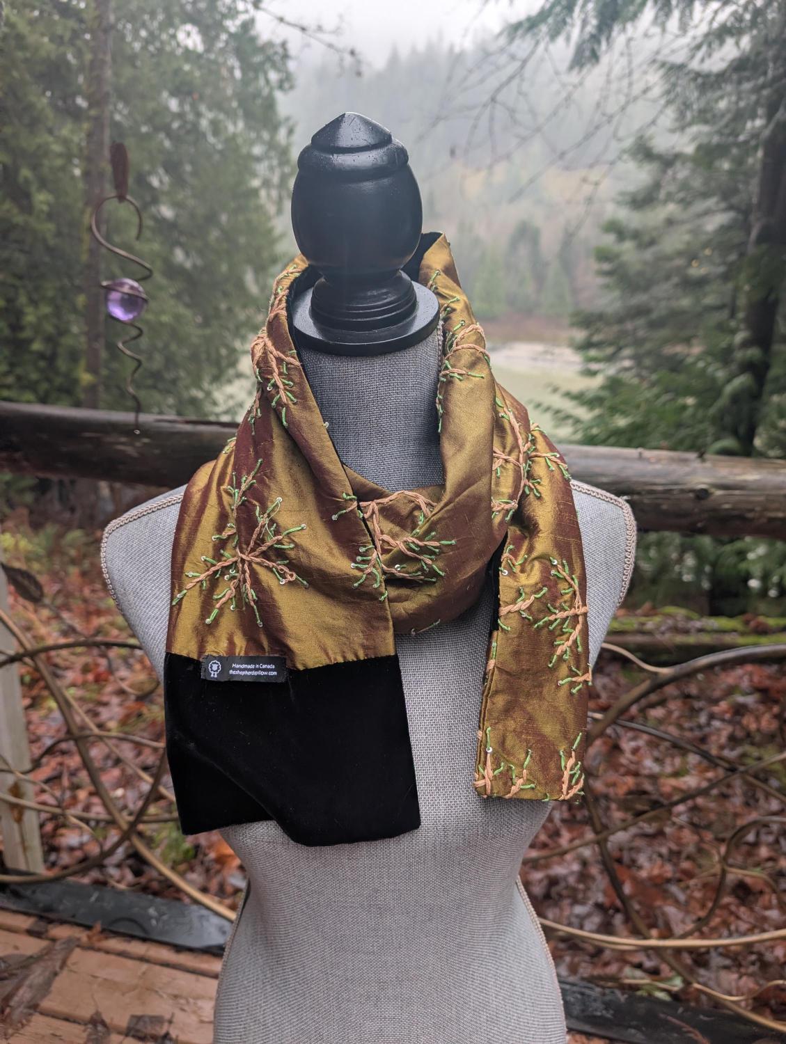 Silk, velvet with hand embroidery scarf