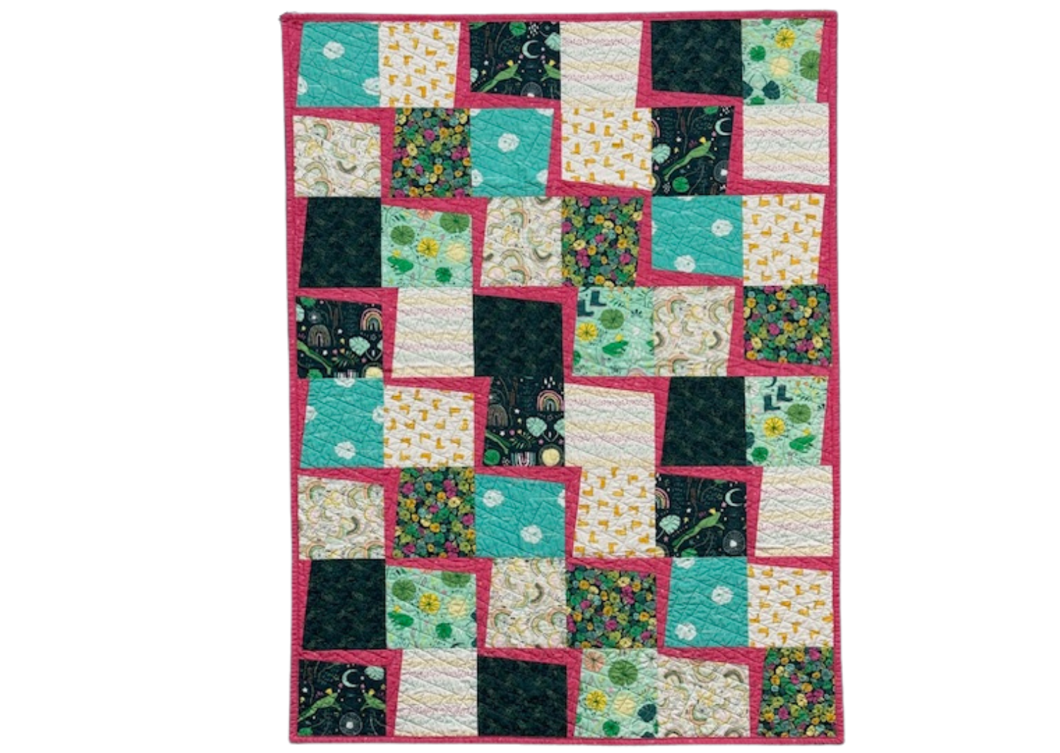 Leap of Luck Quilt – Handmade Frog & Rainbow Throw, Whimsical Green and Pink Quilt, Colorful Lap Blanket, One of a Kind Gift