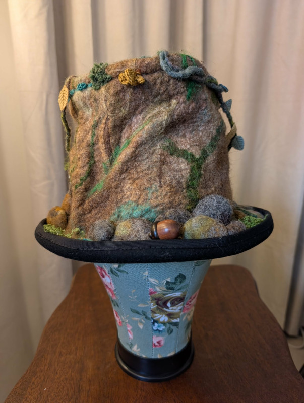 Forest Tree Stump Felted XL Bowler Hat - With Bird and Nest