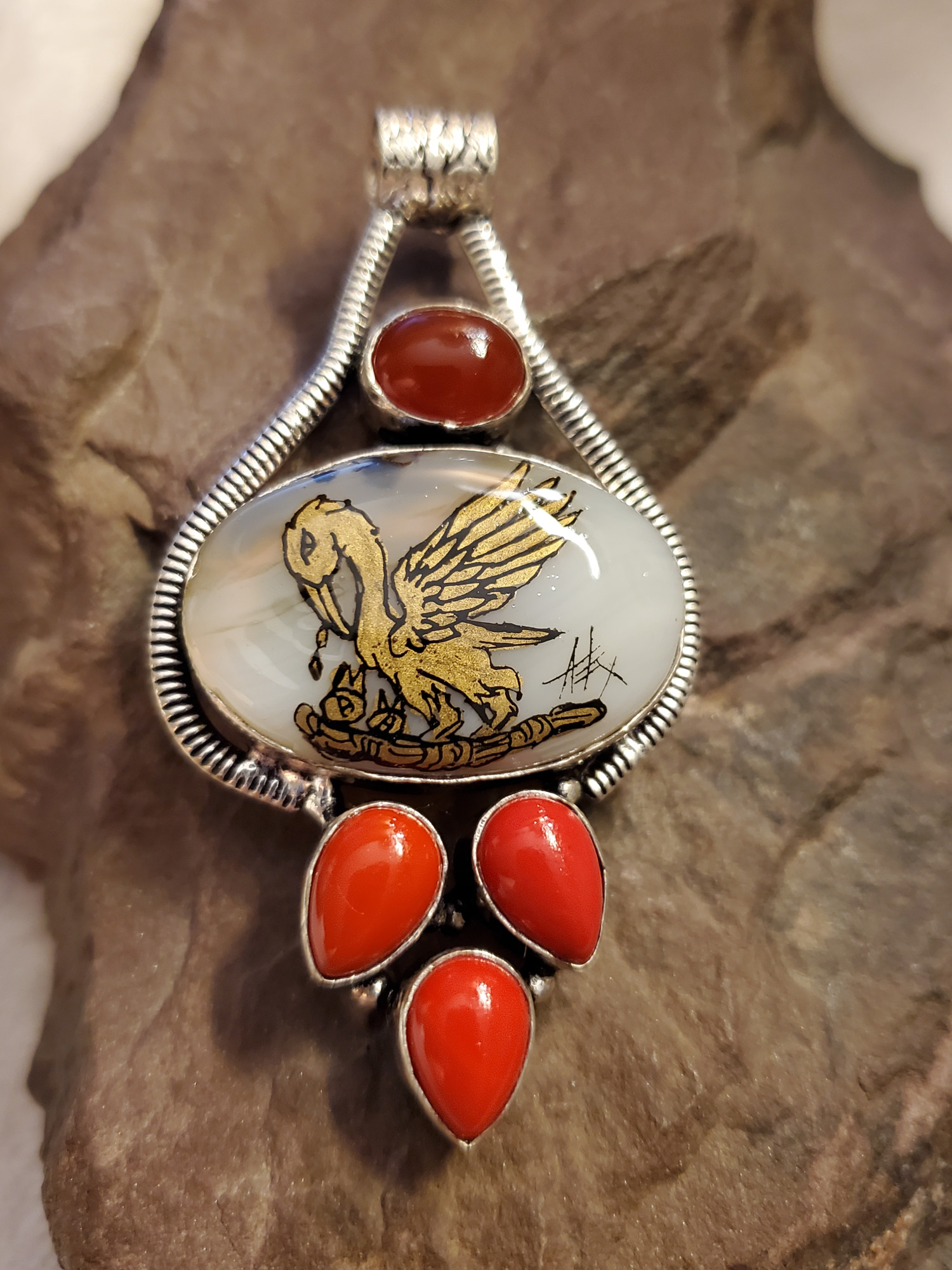 Pelican Agate Carnelian Coral Pendant