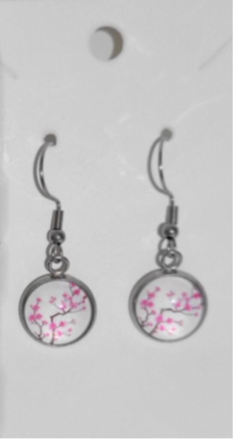 Artisan made cherry blossom branches dangle drop earrings
