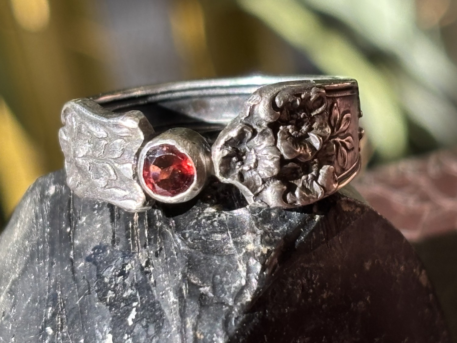 Garnet floral ring Size 10 buttercup rose vintage antique spoon thicker shank