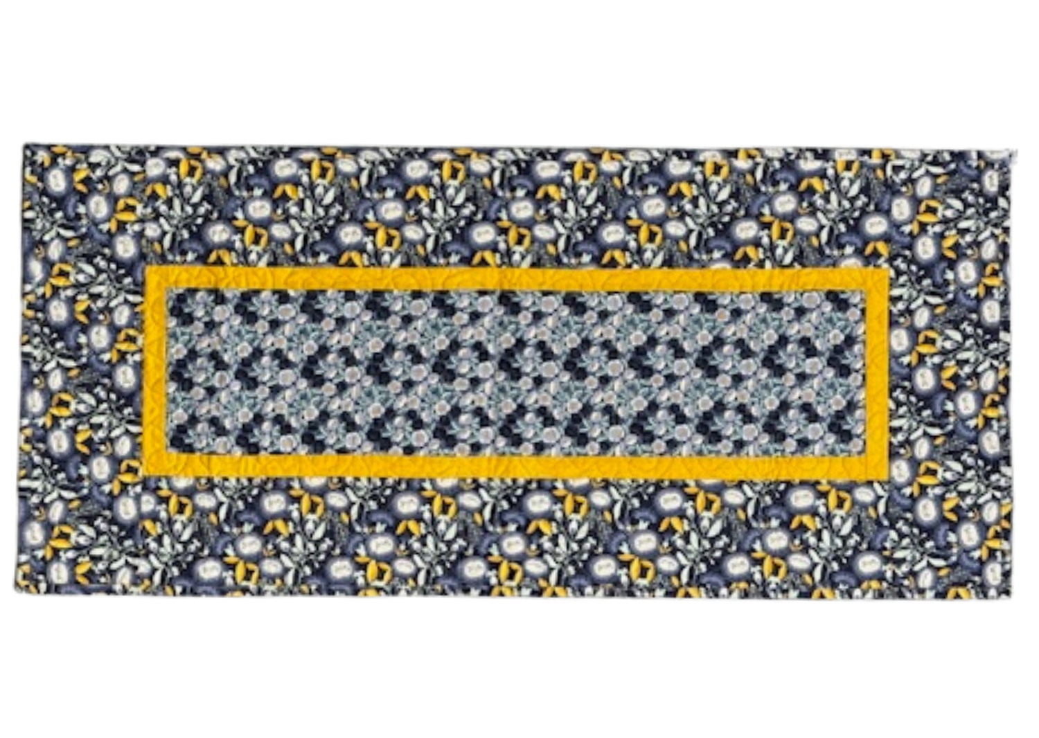 Sunlit Blues 20" x 44" Table Runner – Handmade Blue, Yellow & White Quilted Table Décor for Elegant Gatherings
