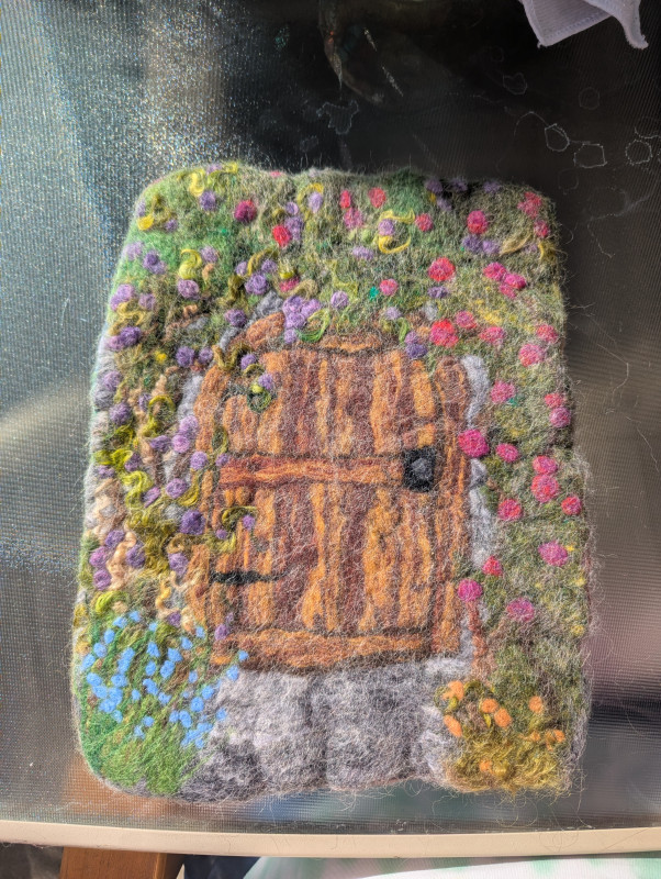 Felted wool rainbow and garden gate double sided extra large Hot pad trivet