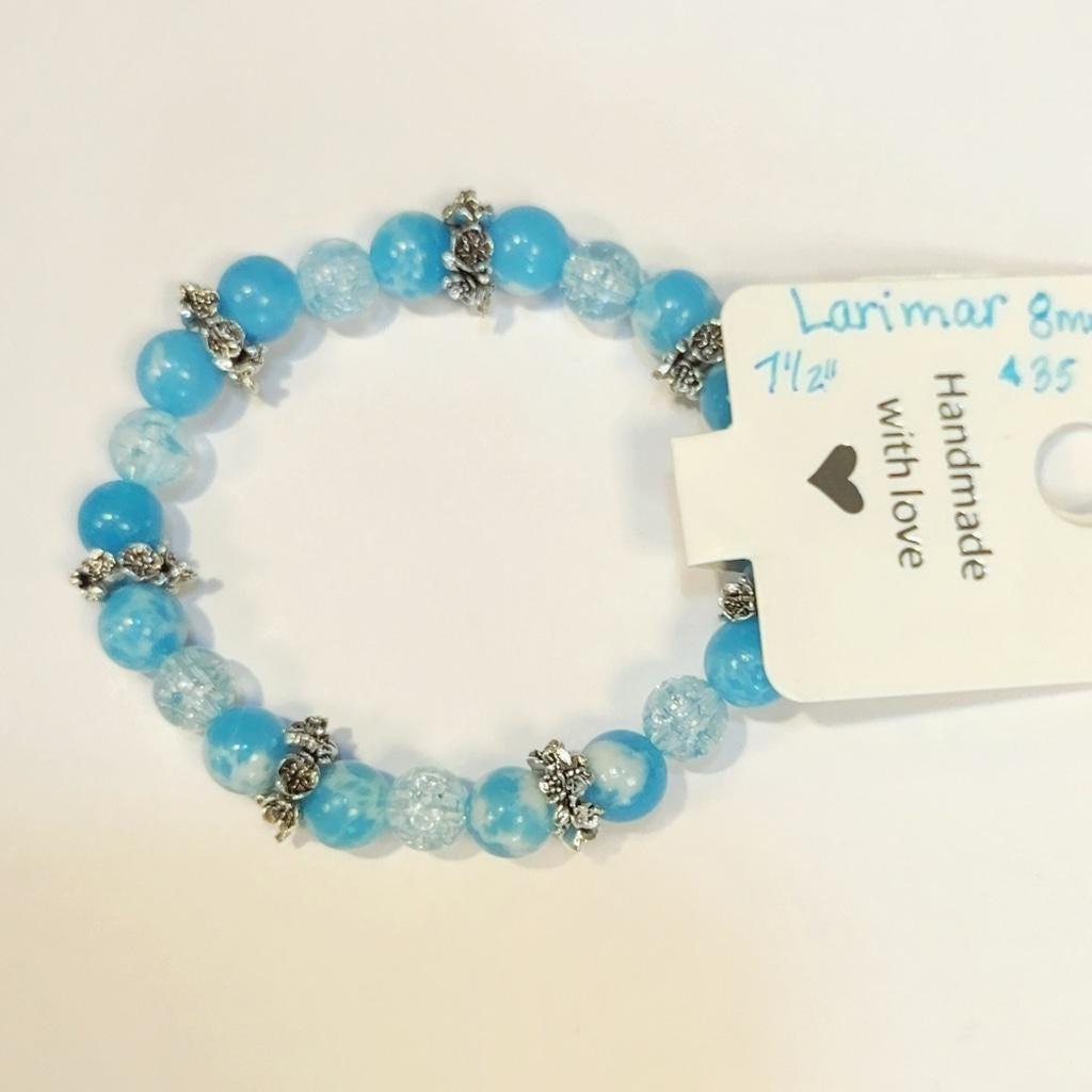 Rare Natural Gemstone Larimar Beaded Bracelet 7.5"