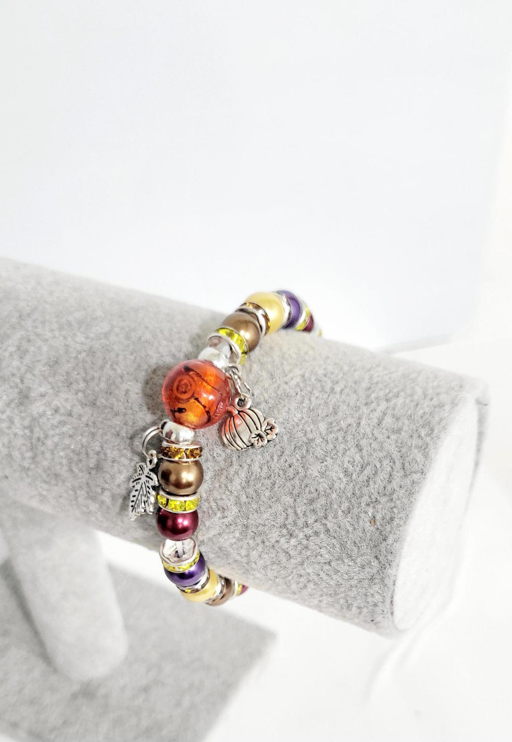 Autumn Fall color glass beaded pumpkin leaf charm bracelet