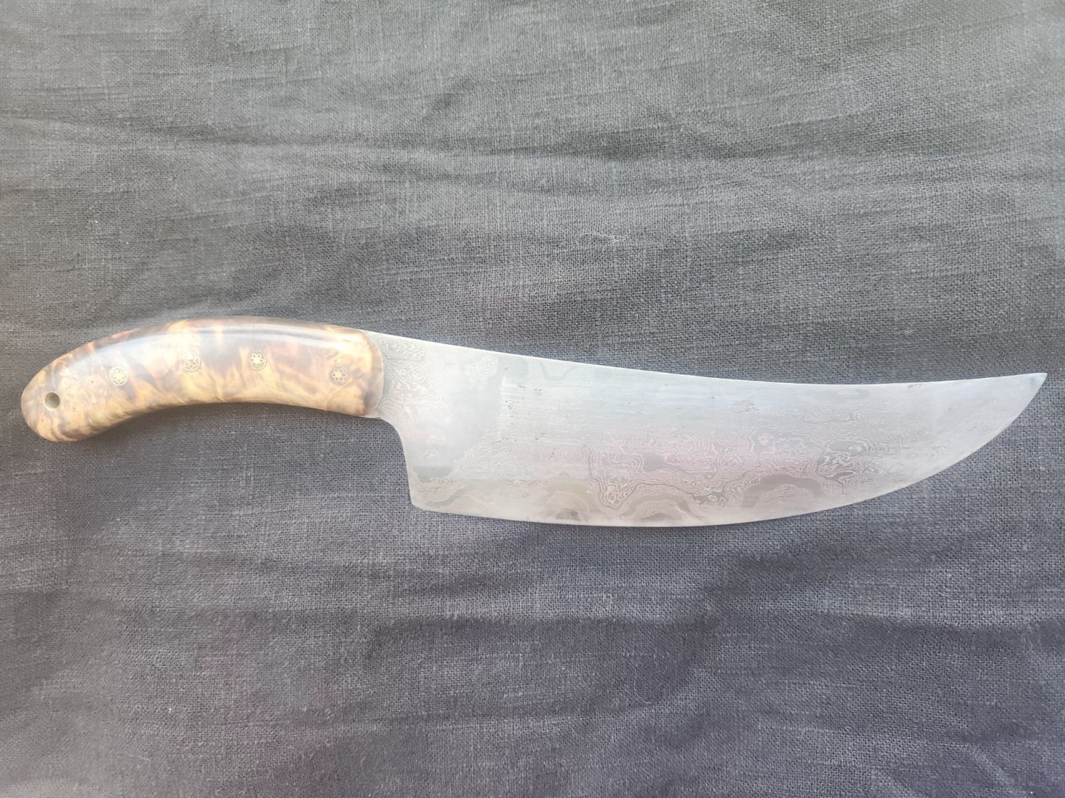 Damascus Knife with Maple burl handle with sheath.