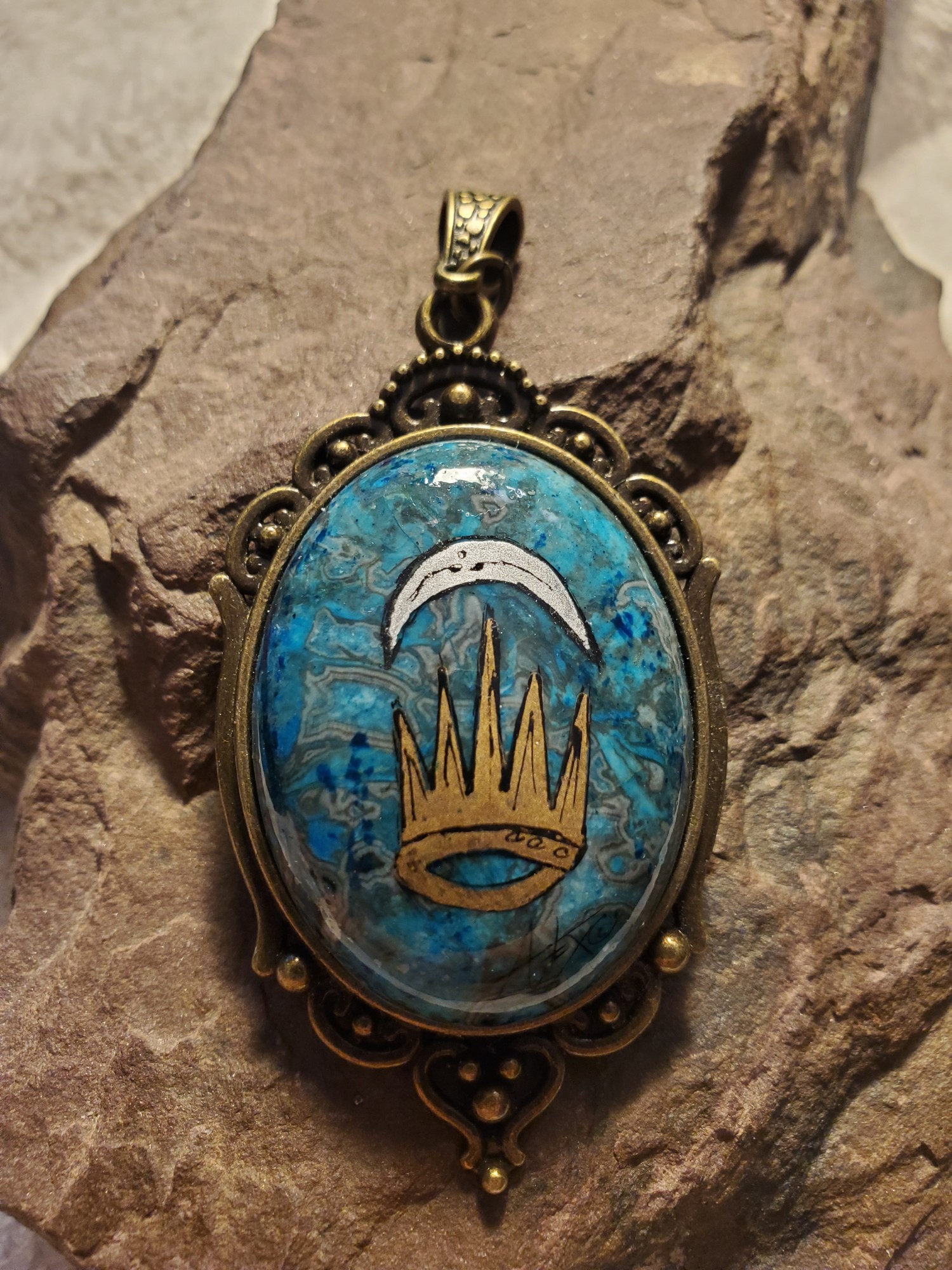 Silver Crescent Larimar in Bronze Pendant