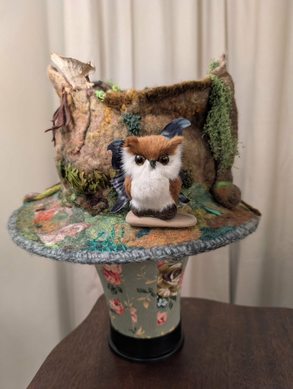 Forest Tree Stump Felted Hat - With Owl-Moth and Wildflowers