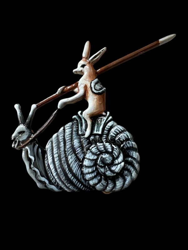 Hand Painted Battle Bunny #2 - 13th century - Snail Riding Jousting Bunny - Medieval-Style Pin - Bestiary