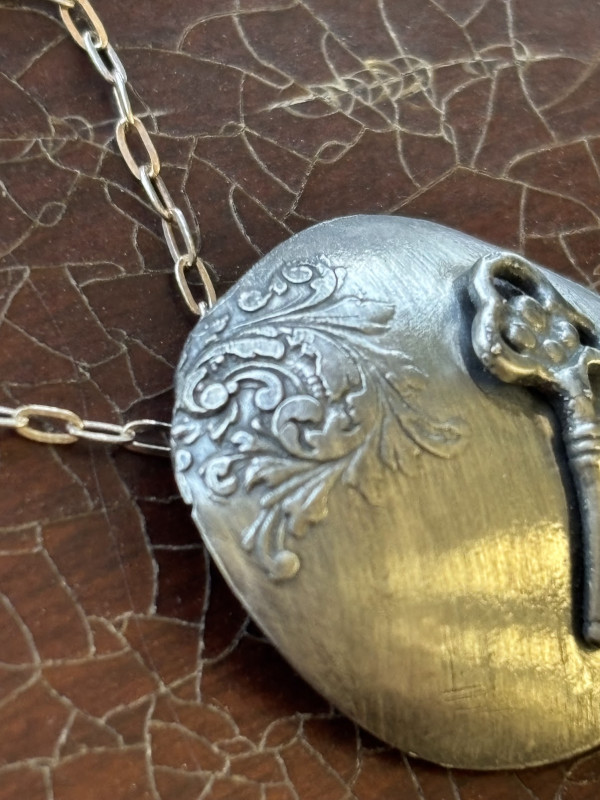 Deco key domed sterling silver pendant necklace
