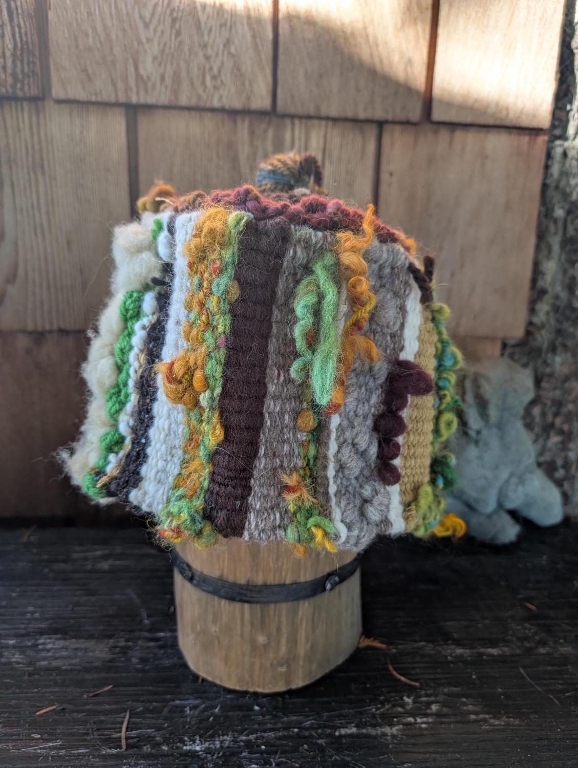 Woven, handspun, hand dyed wool hat. Funky and fun. Nice and warm.