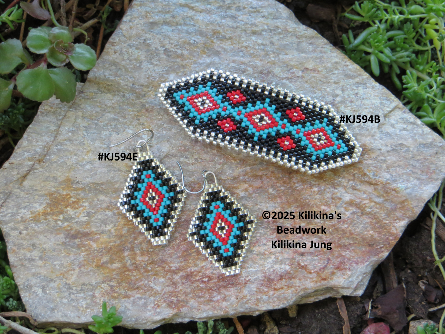 Navajo Rug Earrings and Barrette - Native American Style Seed Bead Navajo Rug Earrings - Beaded Barrette - Made by Kilikina