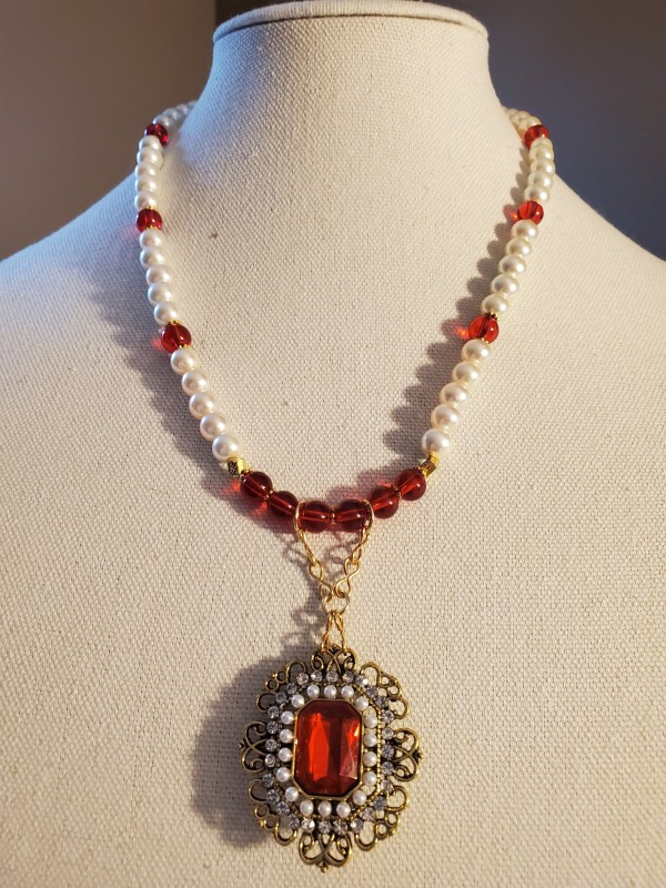 Pearls and Glam Red Tudor style Necklace