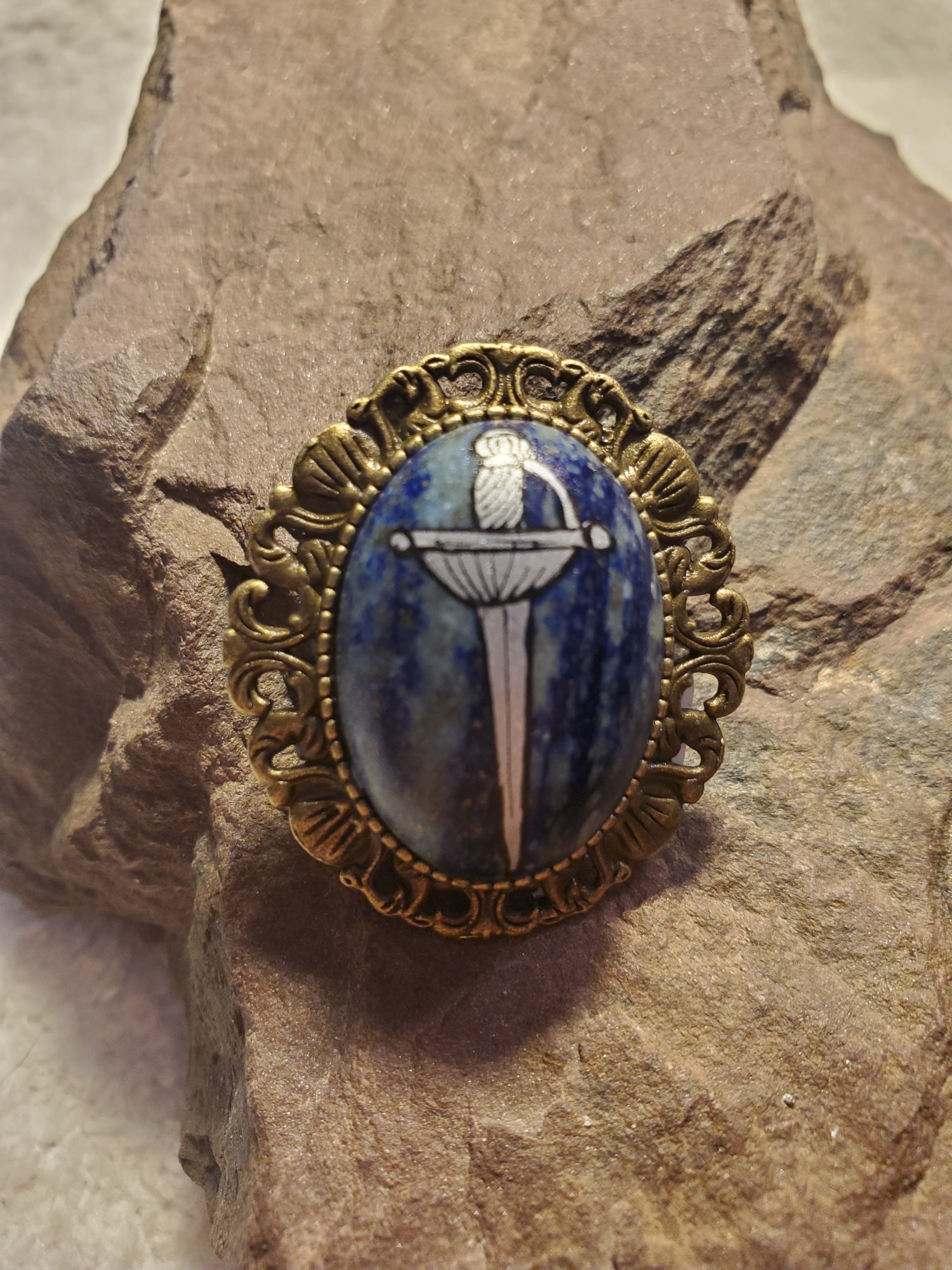 Silver Rapier East Kingdom Lapis Lazuli in Bronze Pendant / Brooch