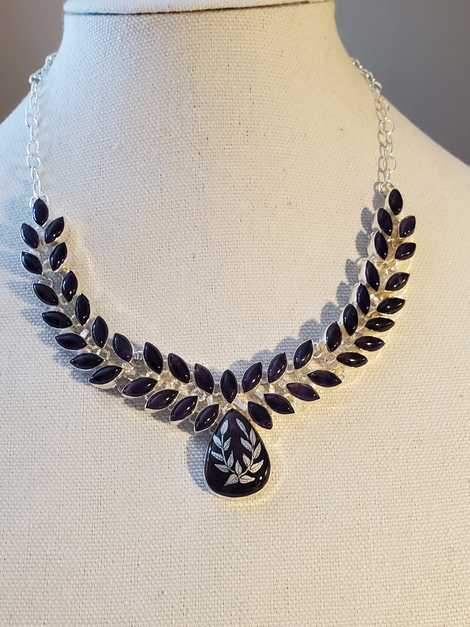 Laurel Amethyst Silver Leaf Sterling Statement Necklace