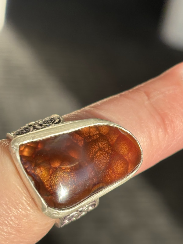 Fire Agate statement sterling silver ring floral size 7