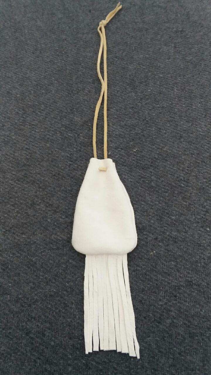 White leather neck pouch with fringe