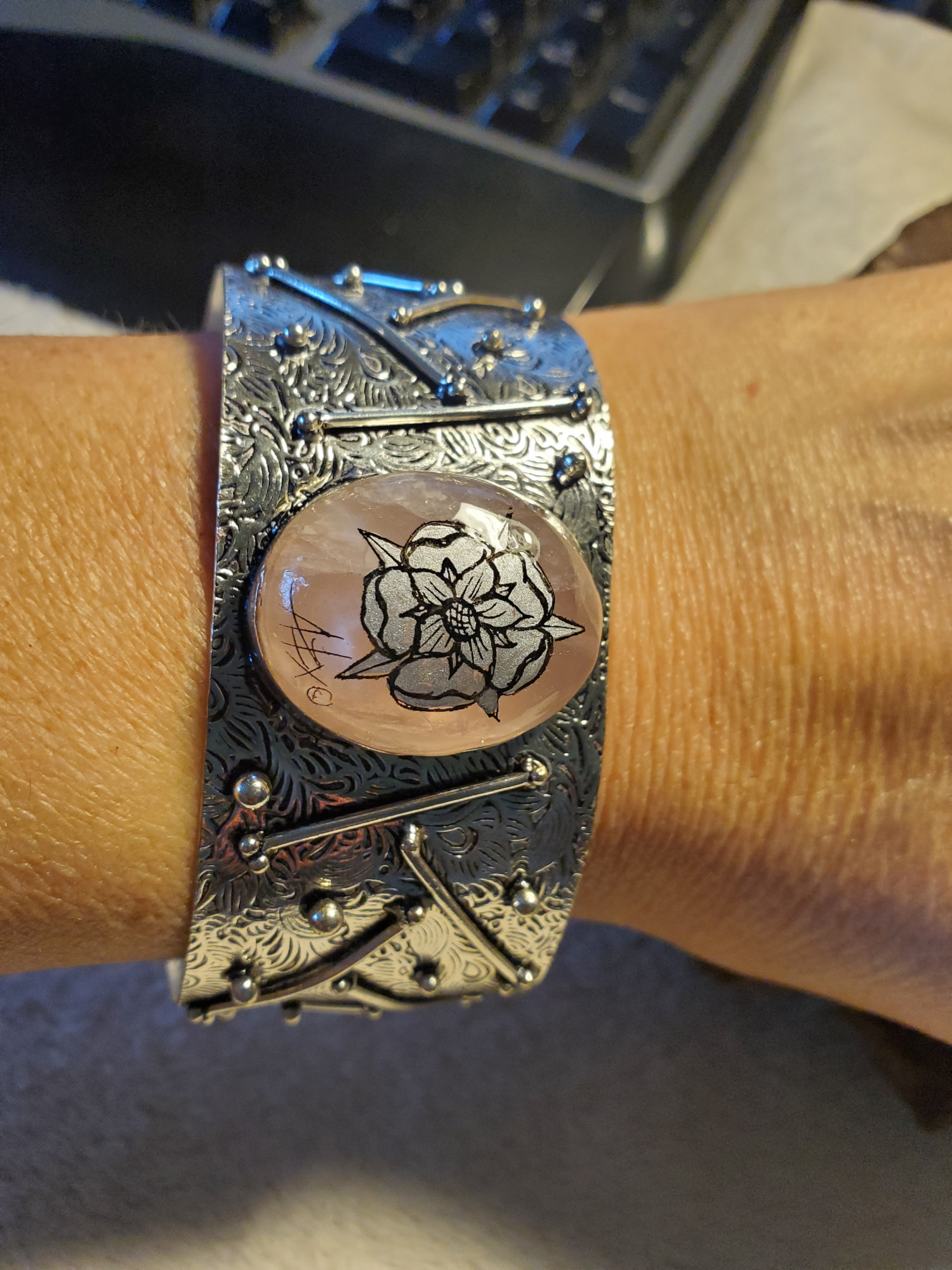 Tudor Rose in Rose Quartz Sterling Cuff Bracelet