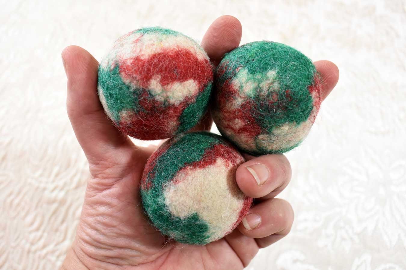 Juggling balls, hand felted in white, green, and red (set of 3)