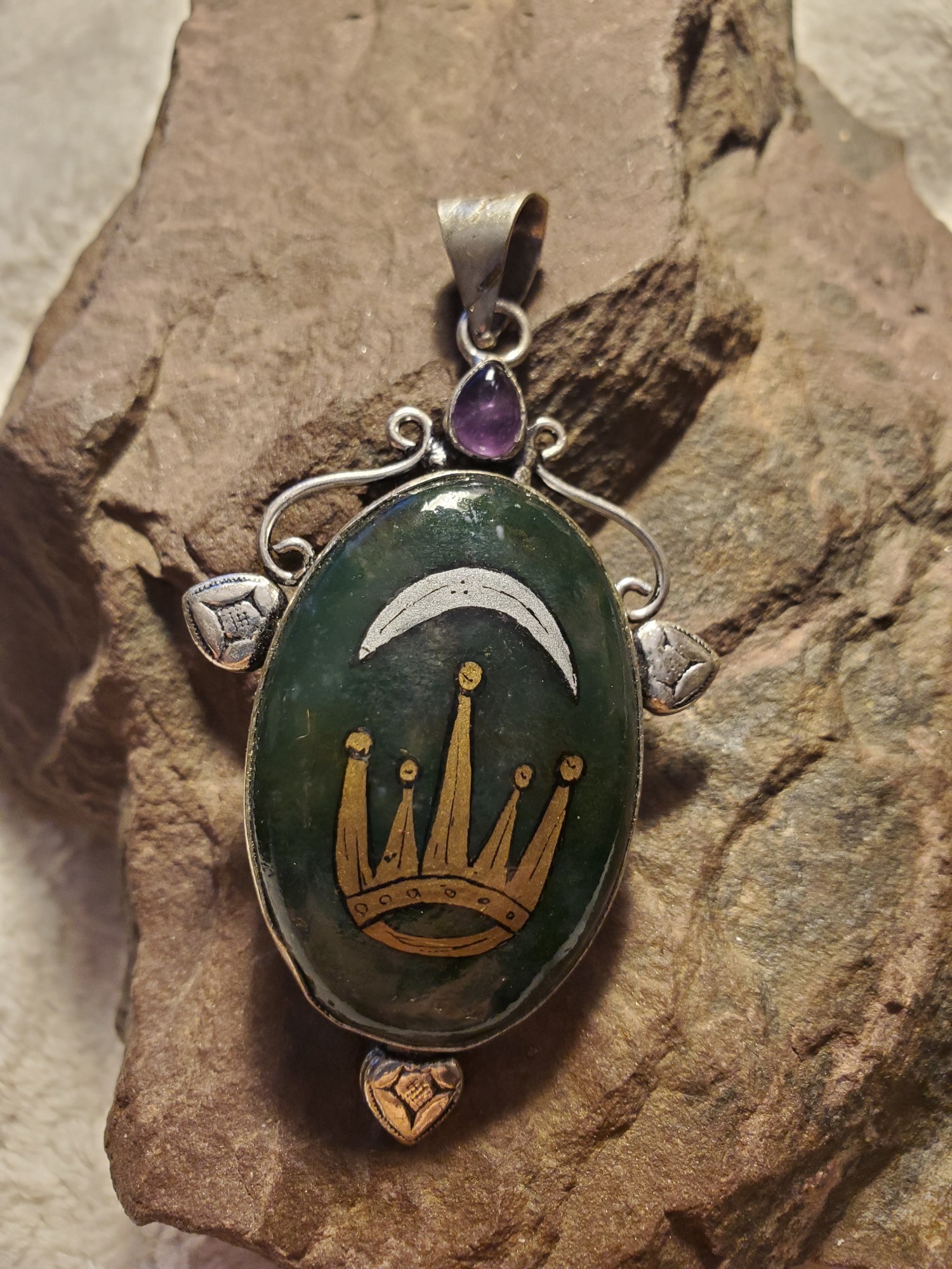 Silver Crescent East Kingdom, Moss Agate , Amethyst in Sterling Silver