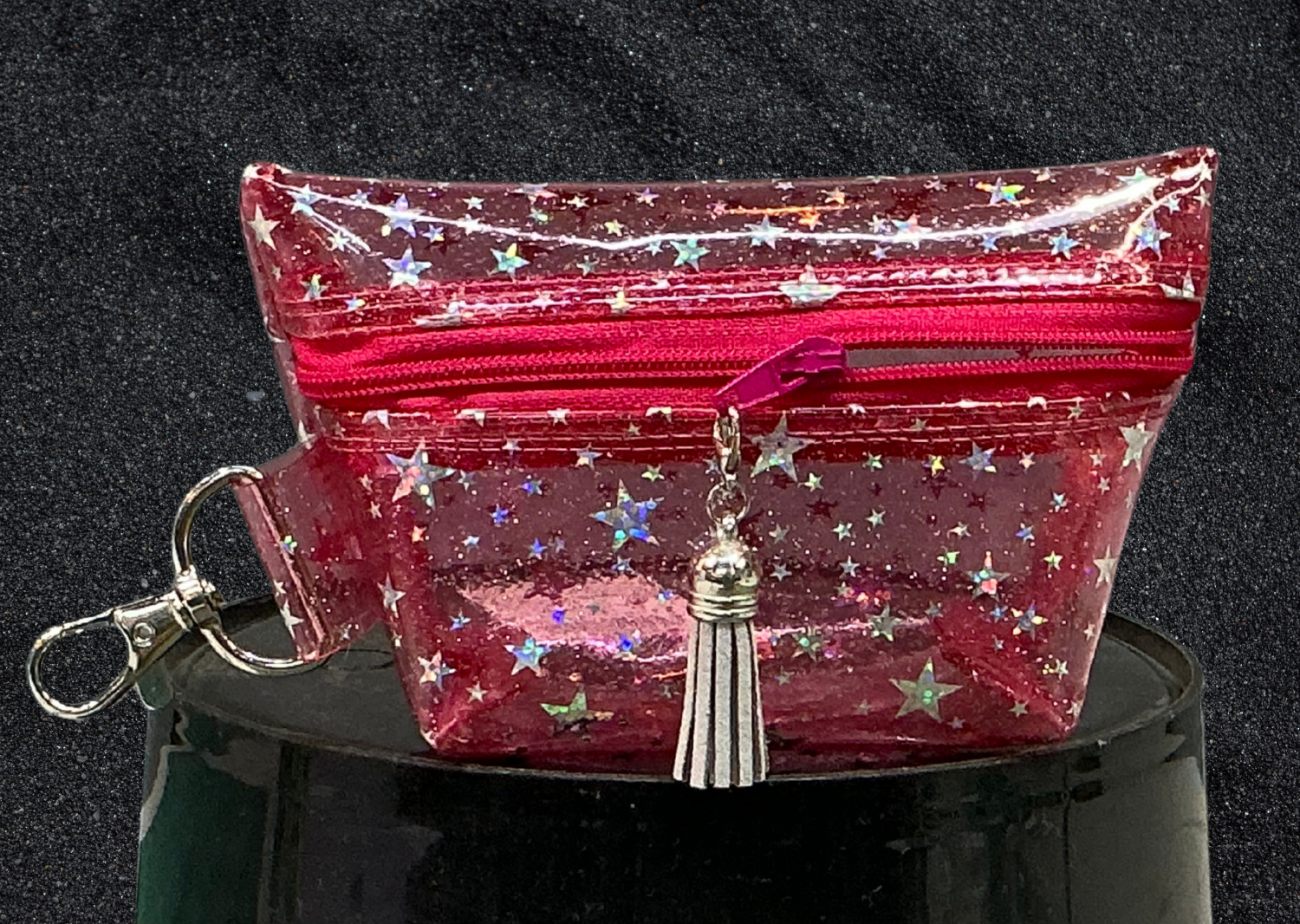 Holographic Pink Star Glitter Mini Pouch | Small Clear Cosmetic Bag with Tassel | Keychain Coin Purse | Gift for Teens & Women