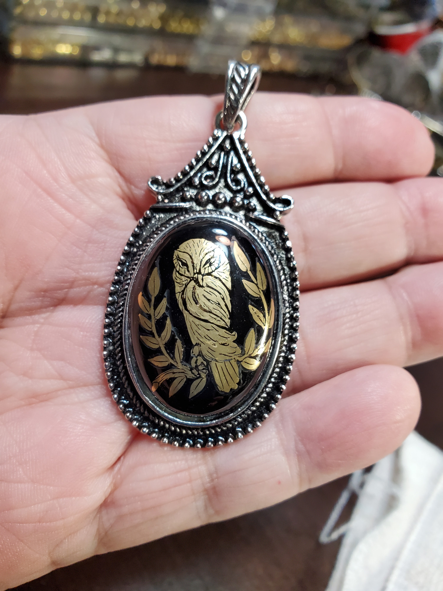 Laurel Owl Onyx Tibetan Silver Pendant