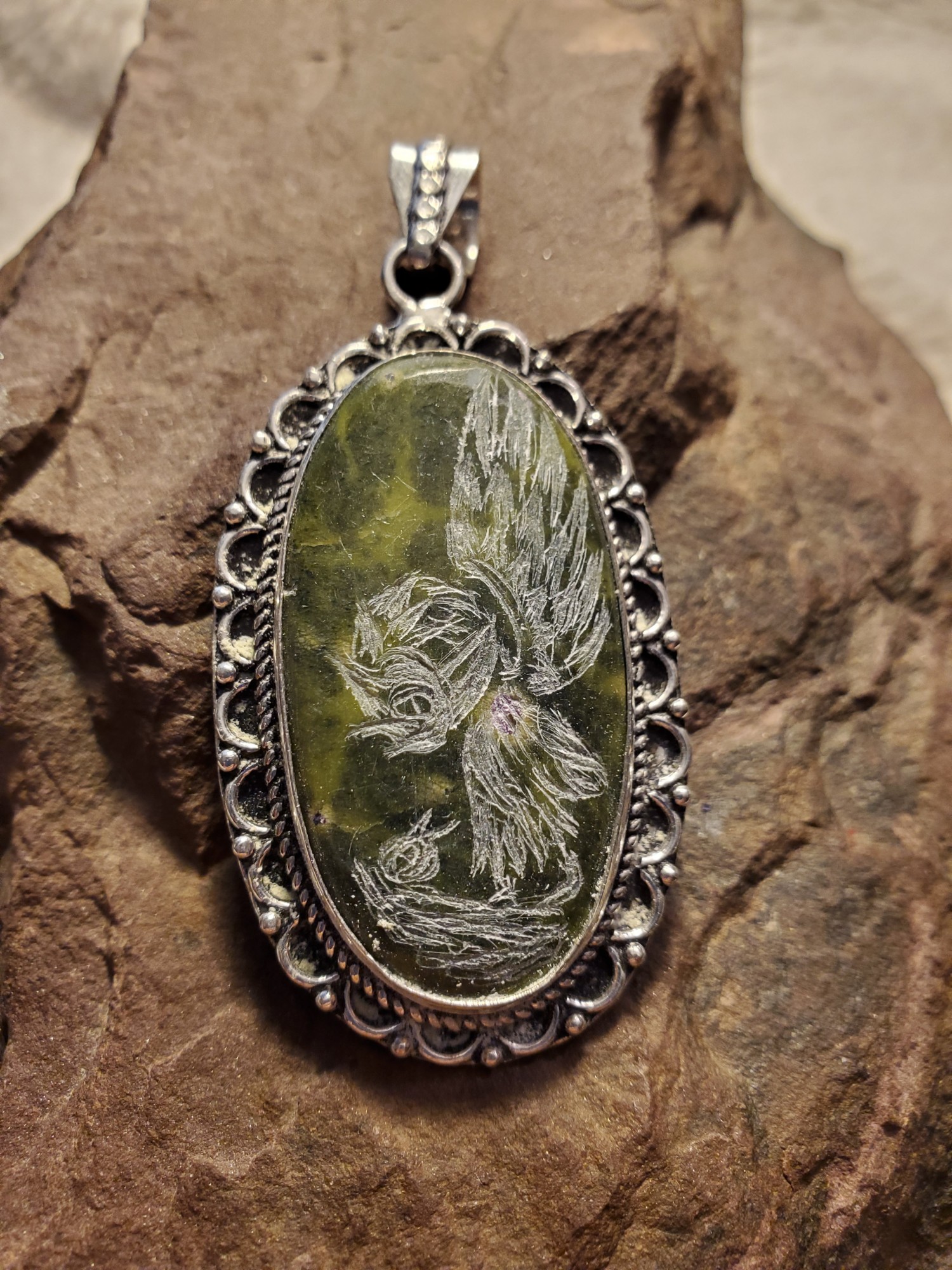 Pelican Prehnite in Sterling Pendant