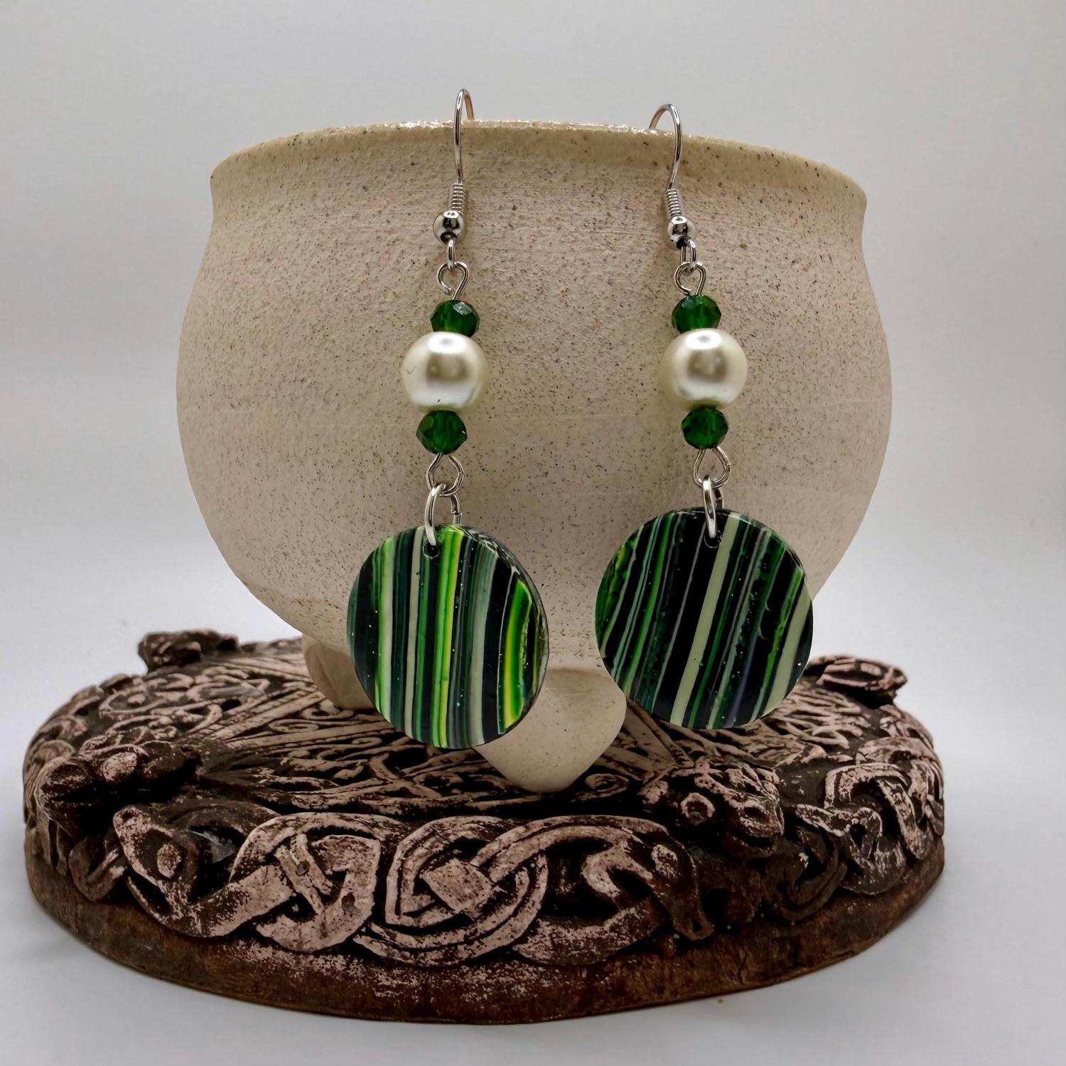 Handmade Polymer Clay Dangle Earrings Pearl & Deep Sea Cane
