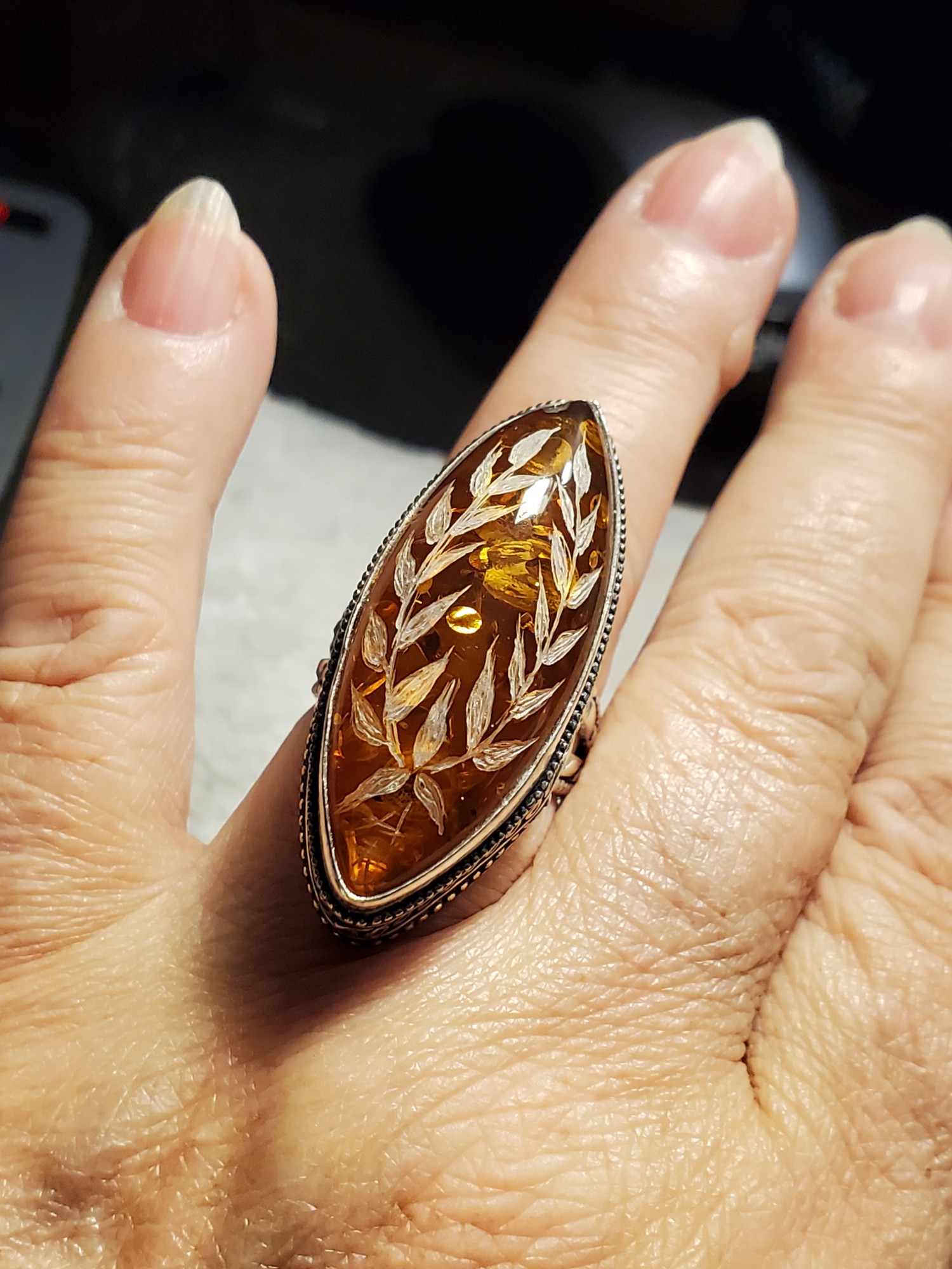 Laurel Intaglio Amber in Sterling Silver Ring 8.75