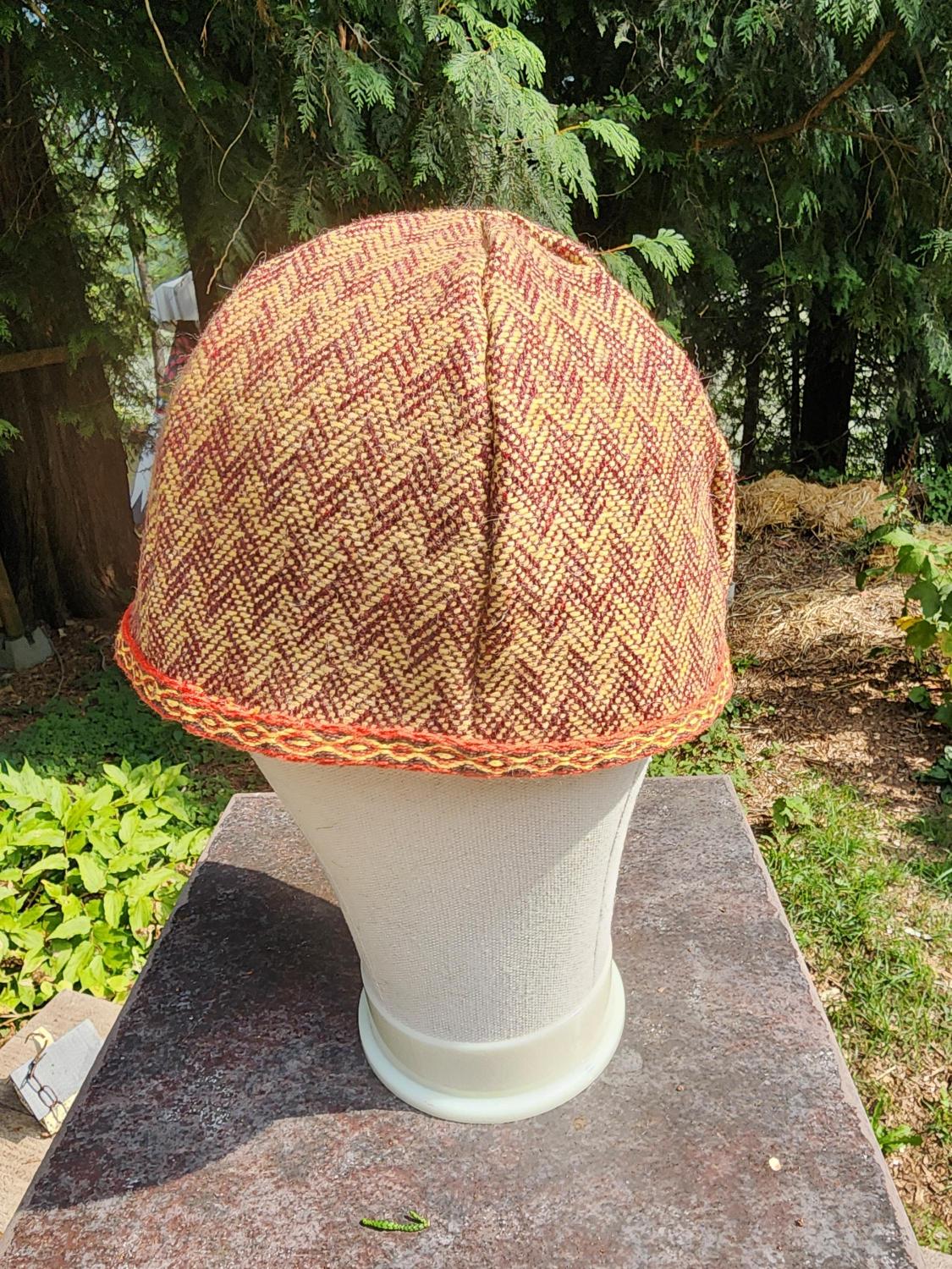 Viking, Norse, Anglo Saxon, cap hats, skull hats with handwoven inkle trim.