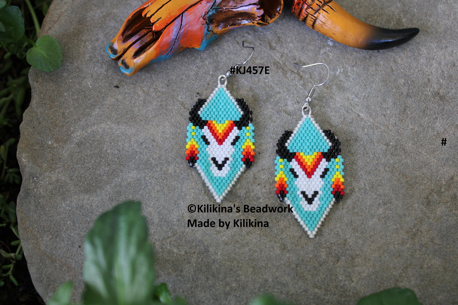 Native American Style Beaded Bull Skull Earrings - Native American Style Seed Bead Earrings - Made by Kilikina