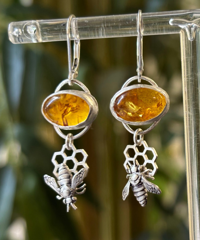 Amber bees honeycomb sterling silver earrings honey