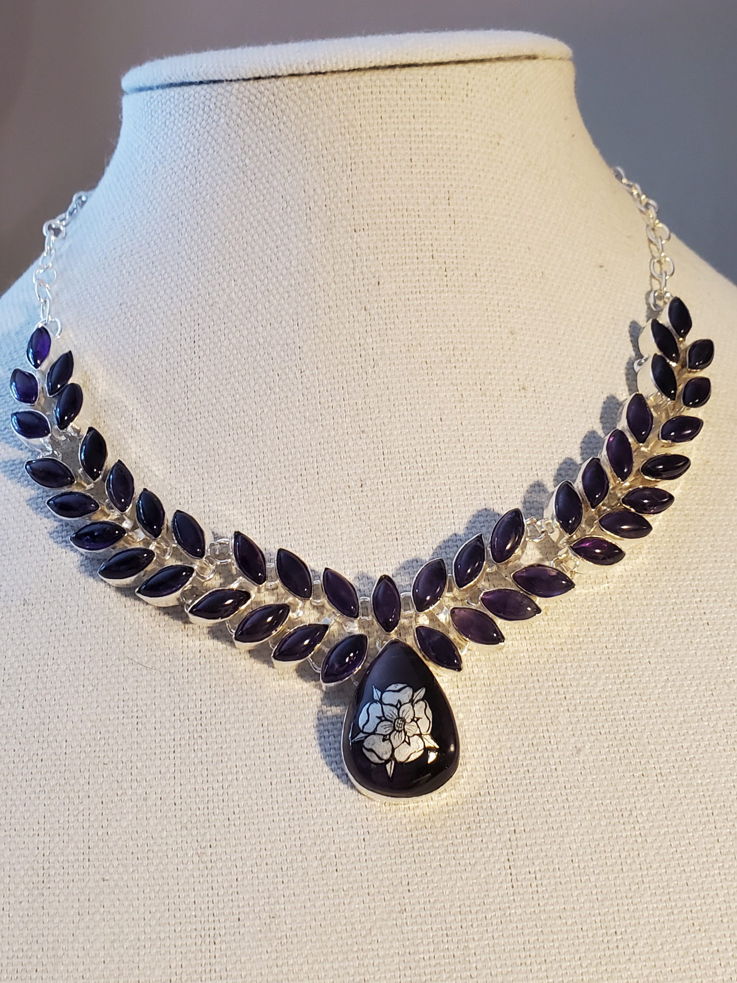 Rose Silver Leaf Amethyst Statement Necklace
