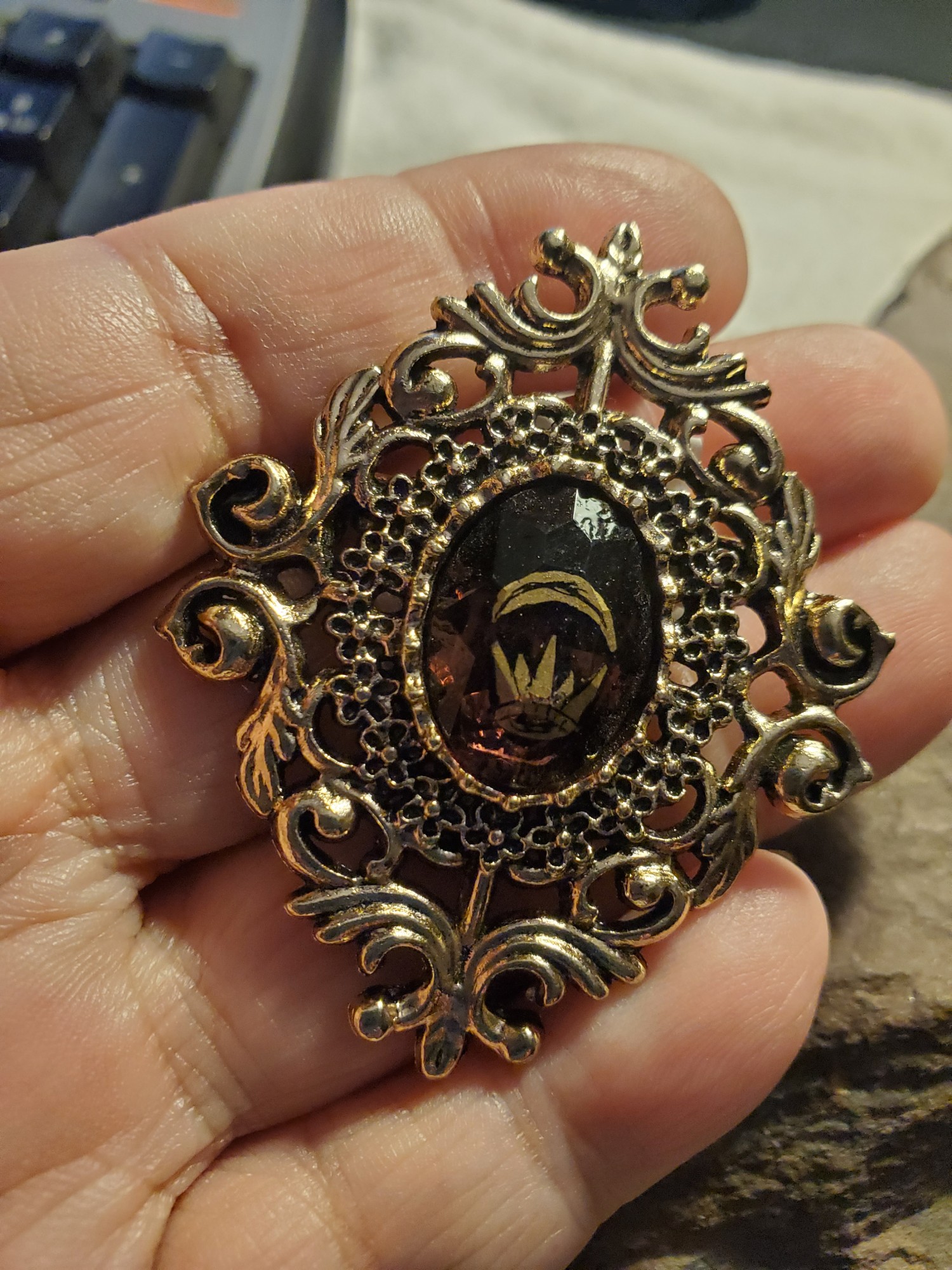 Silver Crescent Murano Burgandy Brooch Pendant