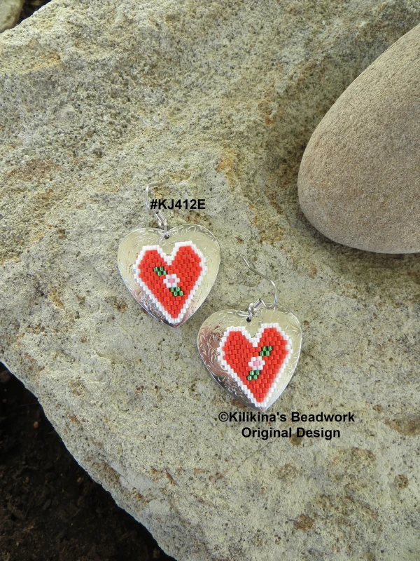 Heart Earrings - Beaded Heart Concho Earrings - Valentine's Day Heart Earrings - Beaded Valentine's Heart Earrings - Native American Style Beaded Heart Earrings - Made by Kilikina