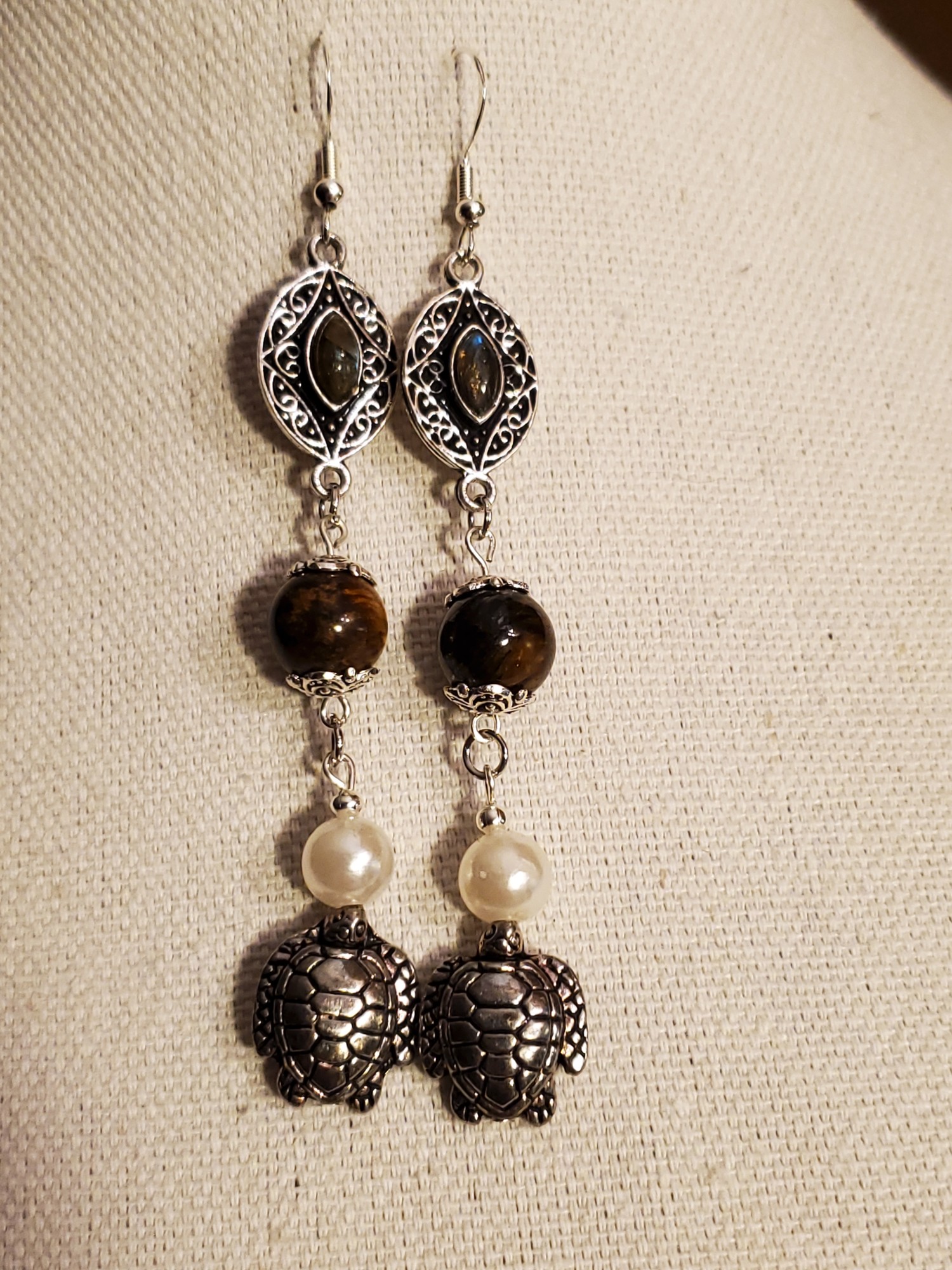 Turtle Tiger Eye Sterling Ear Rings