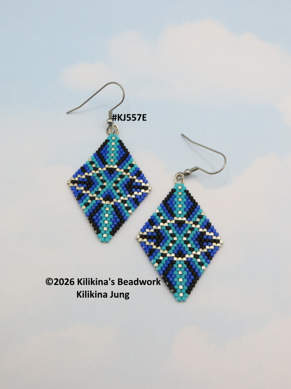 Beaded Blue Geometric Rhombus Earrings - Cosmic Abstract Beaded Earrings - Beaded Boho Earrings - Made by Kilikina