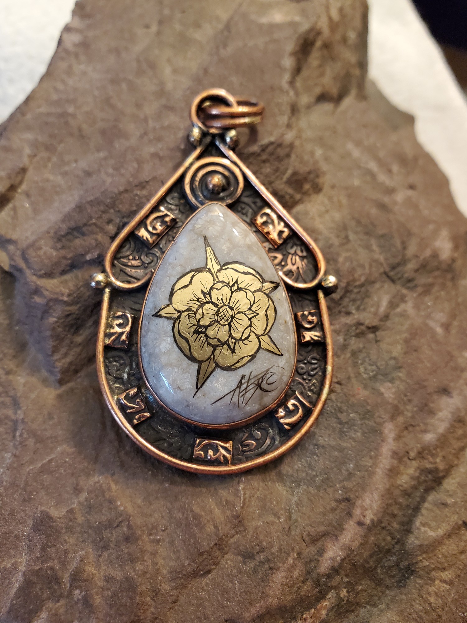 Tudor Rose Ocean Fossil in Copper Pendant