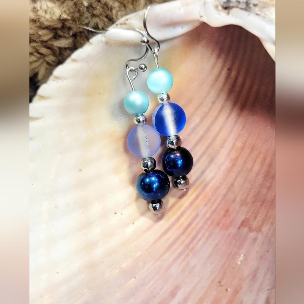 Matte Mermaid Beaded 3 Tier Drop Earrings Handcrafted