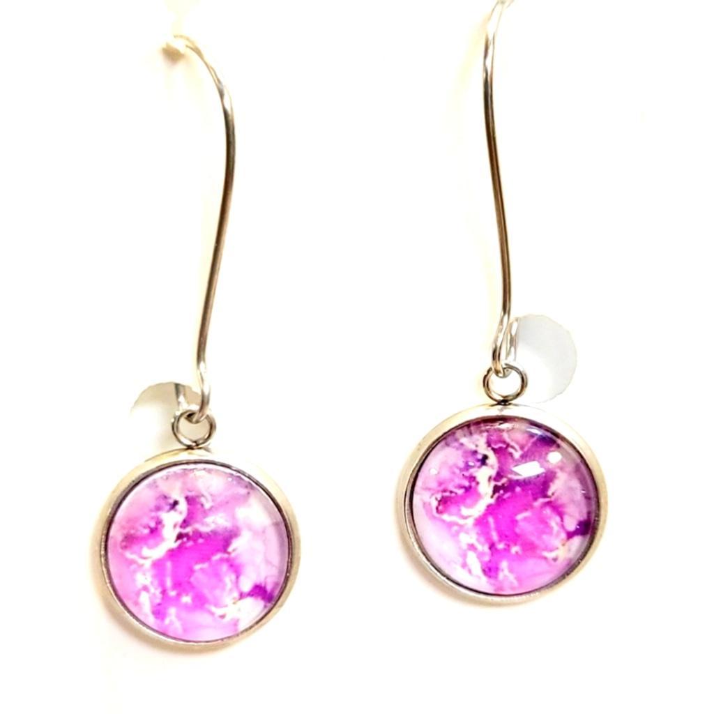 Pink Abstract and Silver Drop Earrings
