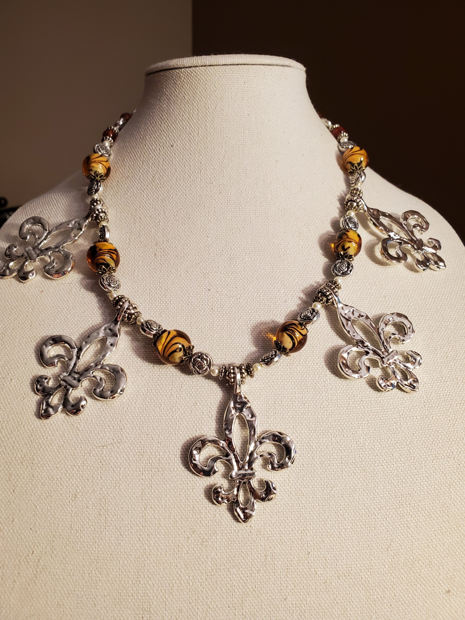 Fleur de Lis Lamp Work Amber Statement Necklace